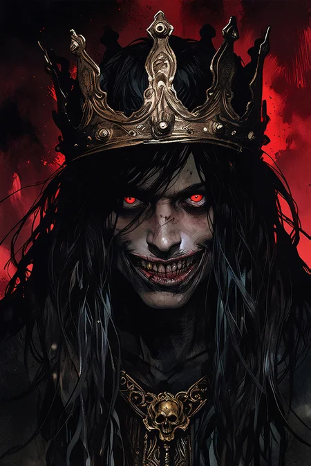 The image is a dark, surreal painting created with watercolor and ink on paper. The artwork features a haunting, grotesque portrait of a figure with a crown. The subject's face is heavily stylized, with exaggerated features: a large, distorted mouth with a sinister grin, and sunken, glowing red eyes that seem to pierce through the darkness. The face is pale, with a rough, textured appearance, and it appears to be smeared with blood or some other reddish substance, adding to the ominous atmosphere. The figure has long, wild, black hair that cascades down, blending with the dark background, creating a sense of chaos and disorder.