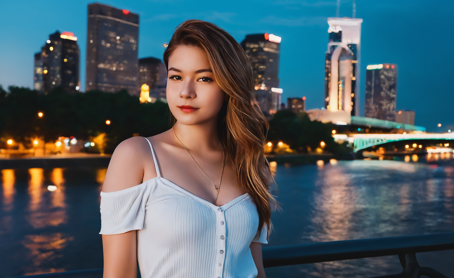 instagram photo,photo of a 24 y.o woman,fair skin,wearing top with low neckline,outdoor,, <lora:skyline-Pony:0.8>,sky,city,lights,night,building,tower,scenery,bridge,architecture,cityscape,skyline,outdoors,skyscraper,background,street,humans,river,cloud,painting,tree,water,