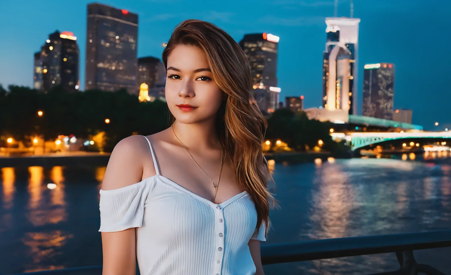 instagram photo,photo of a 24 y.o woman,fair skin,wearing top with low neckline,outdoor,, <lora:skyline-Pony:0.8>,sky,city,lights,night,building,tower,scenery,bridge,architecture,cityscape,skyline,outdoors,skyscraper,background,street,humans,river,cloud,painting,tree,water,