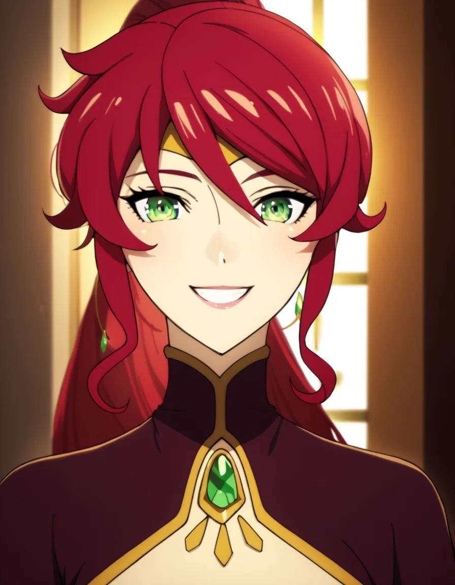 score_9, score_8_up, score_7_up, score_6_up, score_5_up, score_4_up, source_anime, PyrrhaNikos, long hair, red hair, green eyes, ponytail, sidelocks, , soft smile, portrait