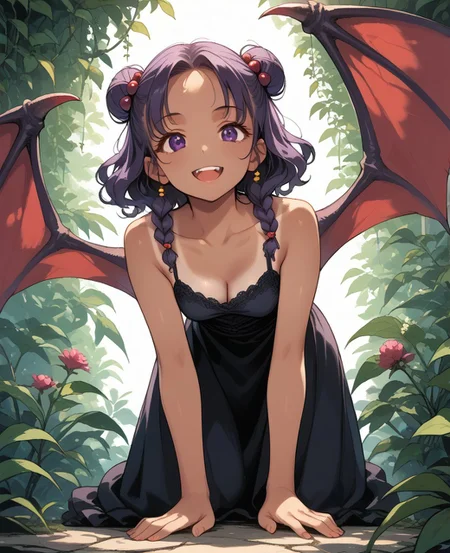 score_9, score_8_up, score_7_up, score_6_up, 1girl, solo, perfect hand, monster_girl ,plant_girl ,medium_breasts ,skinny ,tanlines ,dress ,medium_hair ,black_hair ,purple_eyes ,braided_bun ,wavy_hair ,demon_wings ,hair_bobbles ,from_below ,happy ,all_fours