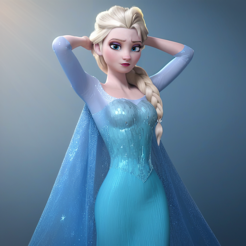 score_9, score_8_up, score_7_up, score_6_up, score_5_up, score_4_up, 3d,  <lora:Elsa_Frozen:0.8>,  elsa33, 1girl, long hair, blue eyes, blonde hair, dress, cape, makeup, single braid, hair over shoulder, eyelashes,  BREAK arms up, armpits