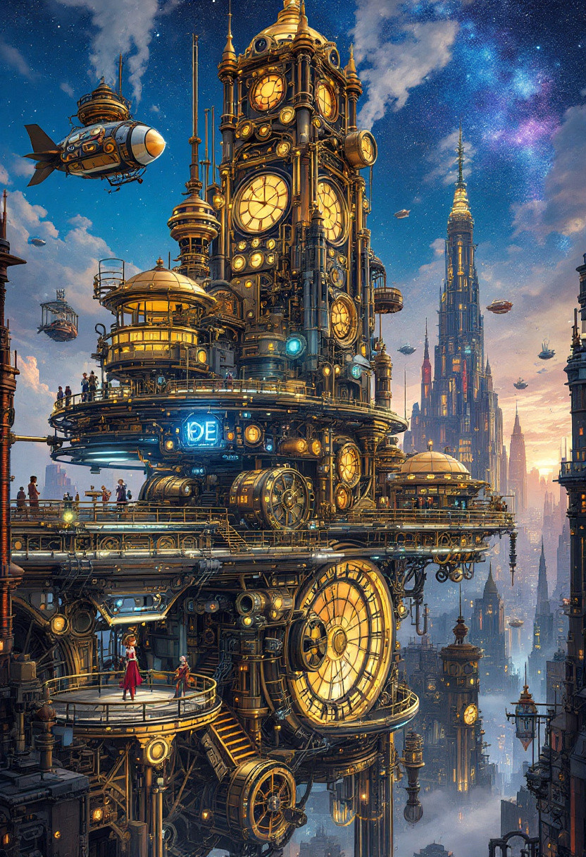 Visualize a sprawling mechanical city perched atop colossal, rotating wheels, its intricate architecture infused with a mecha-steampunk aesthetic. The cityscape is alive with the rhythmic pulse of colossal steaming engines and the intricate dance of oscillating gears. Towering metallic skyscrapers reach skyward, adorned with brass and copper embellishments that catch the lights streaming from myriad glowing orbs and neon accents, casting reflections that contrast against the starry twilight. Imagine anime-inspired characters bustling about, some piloting soaring mechanized airships while others weave through the streets on steam-powered vehicles, dressed in vibrant, futuristic attire that melds Victorian era elegance with cybernetic enhancements. The air is thick with the hum of machinery and the whispers of steam venting from hidden valves, creating a tableau of industrial harmony and surreal, artistic wonder,