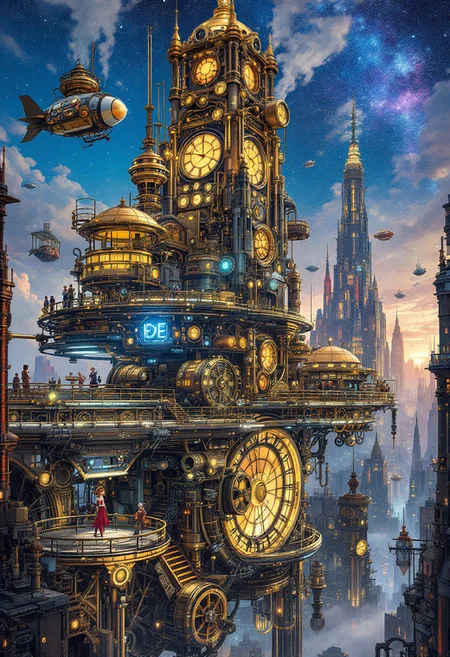 Visualize a sprawling mechanical city perched atop colossal, rotating wheels, its intricate architecture infused with a mecha-steampunk aesthetic. The cityscape is alive with the rhythmic pulse of colossal steaming engines and the intricate dance of oscillating gears. Towering metallic skyscrapers reach skyward, adorned with brass and copper embellishments that catch the lights streaming from myriad glowing orbs and neon accents, casting reflections that contrast against the starry twilight. Imagine anime-inspired characters bustling about, some piloting soaring mechanized airships while others weave through the streets on steam-powered vehicles, dressed in vibrant, futuristic attire that melds Victorian era elegance with cybernetic enhancements. The air is thick with the hum of machinery and the whispers of steam venting from hidden valves, creating a tableau of industrial harmony and surreal, artistic wonder,