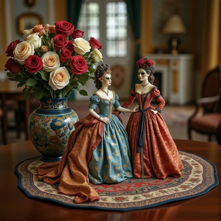Miniature diorama of a masquerade ball next to a bouquet of roses, detailed digital illustration of a masquerade ball held in a palace, 19th century, colorful dresses, masks, well-dressed women, glamorous, lascivious and somewhat decadent atmosphere, <lora:Flux.1_Turbo_Detailer:0.7>, <lora:Diorama_Flux:0.8>