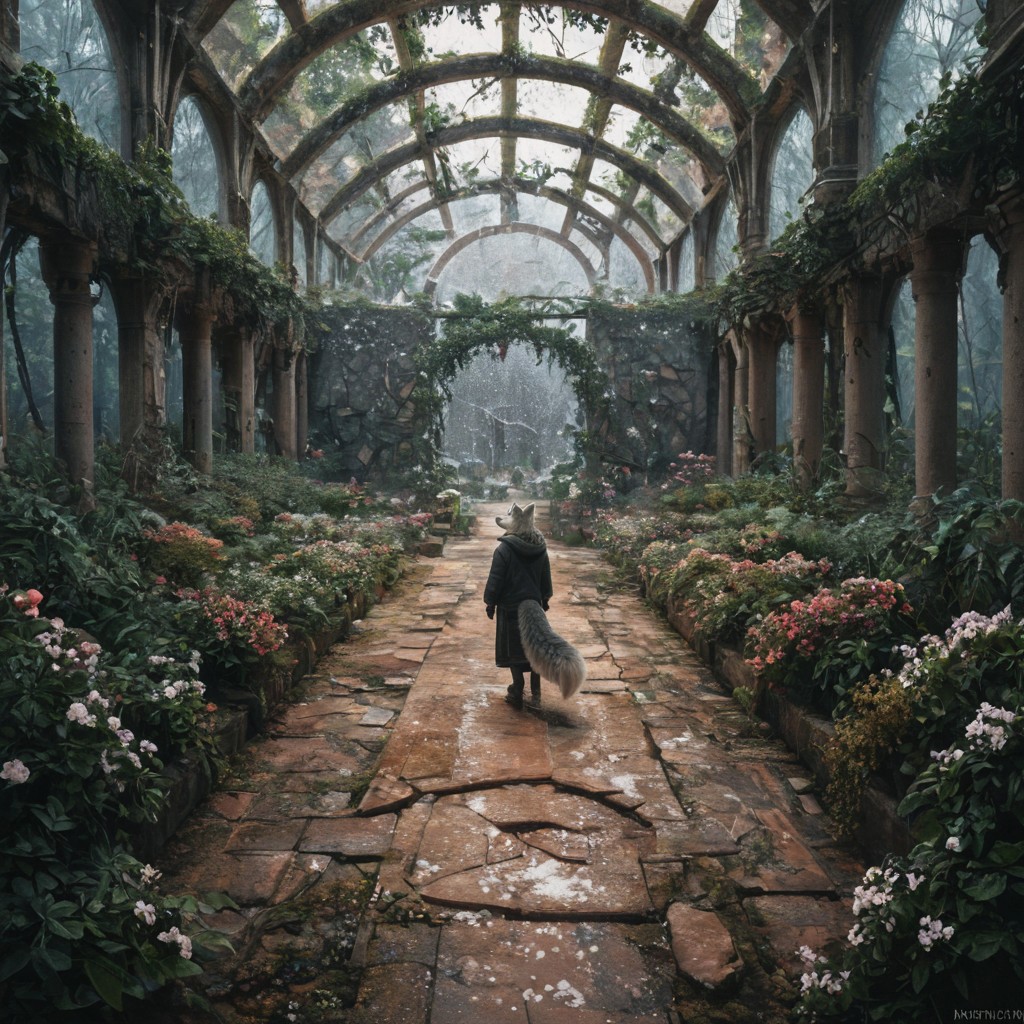 score_9, score_8_up, score_7_up,  fullbody, 1girl, furry, anthro, gray fur, wolf tail, wolf, solo, fullbody, backview, looking arround in wonder, masterpiece, best quality, very aesthetic, close up, gray hair, gray twin braids, green eyes, standing in the ruins of botanic garden with glass ceiling, overgrown, trees, frozen flowers, plants,  broken glas, snow patches ray of light, dark sky, low light, white snow, (postapocalyptic city), d, dark, worried, concerne, ragged winter clothes