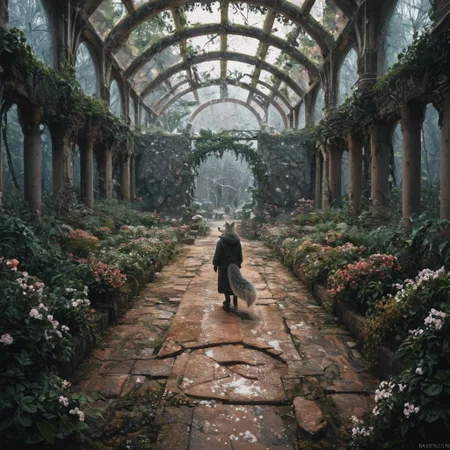 score_9, score_8_up, score_7_up,  fullbody, 1girl, furry, anthro, gray fur, wolf tail, wolf, solo, fullbody, backview, looking arround in wonder, masterpiece, best quality, very aesthetic, close up, gray hair, gray twin braids, green eyes, standing in the ruins of botanic garden with glass ceiling, overgrown, trees, frozen flowers, plants,  broken glas, snow patches ray of light, dark sky, low light, white snow, (postapocalyptic city), d, dark, worried, concerne, ragged winter clothes