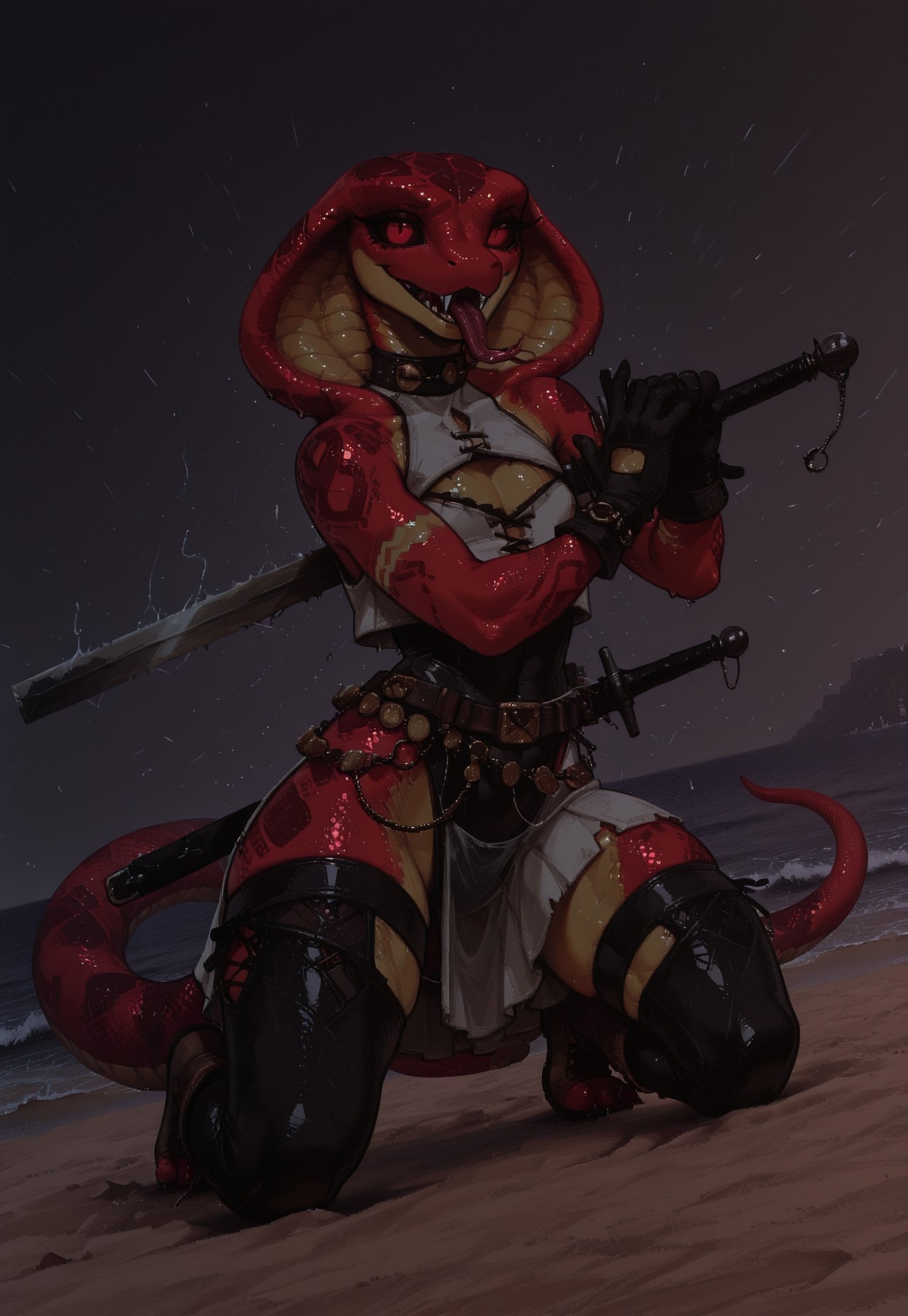 score_9, score_8_up, score_7_up, masterpiece, best quality, t4ils_n0ir, pixel_art,,Sozshi, femboy, scalie, cobra, snake, snake fangs, flat chested, slit pupil,snake tail, scales, snake tongue, snake hood, black body, red scales, red eyes, shiny, gold scales, metal skin, curvy, girly, small shoulders, wide hips, dark sclera, jastaf,incoth, (incase:0.6), (dynamic:1), stylized, detailed face, face_paint, freckles, illustration, tribal jewelry, tribal arm tattoo,(bbs outfit), shorts, vest, gloves, (black leotard:1.2), exposed hips, black tight booty shorts, abs visible under clothing, (short stack:1.2), white dress, cleavage cutout, turtleneck dress, skirt cutout, thigh cutout, armored_dress, (scars), beach background, weapon, greatsword, holding sword,  sheathed,  scabbard, dutch_angle, action, fighting stance, kinetic lines, relaxed expression, 