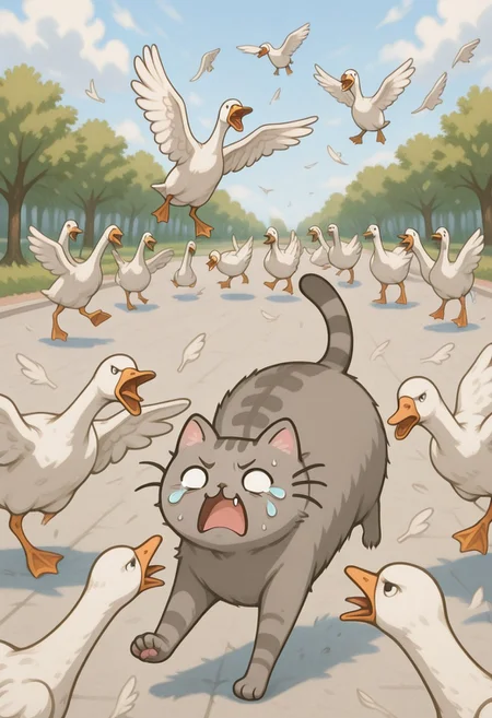 Pusheen, cat animal, running, goose ambush, 6+ geese, cry,