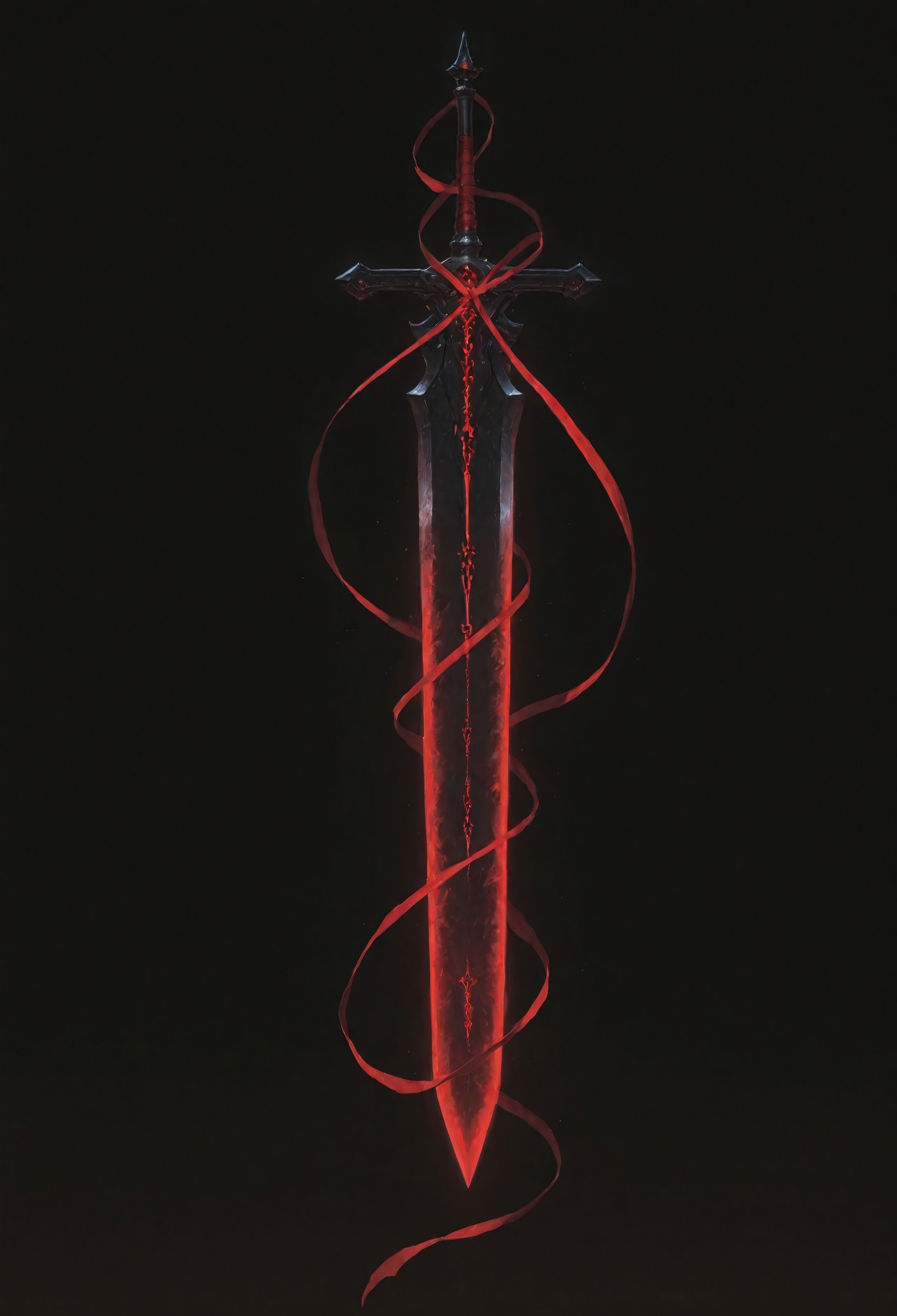 lazypos, vera_awa, EdgeOfAvarice, greatsword, glowing red runes, dark fantasy, demonic weapon, elegant, single weapon, extremely high detail, glowing runes, power, flowing ribbon, black background, dutch angle, floating, crimson energy 