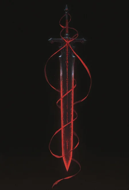 lazypos, vera_awa, EdgeOfAvarice, greatsword, glowing red runes, dark fantasy, demonic weapon, elegant, single weapon, extremely high detail, glowing runes, power, flowing ribbon, black background, dutch angle, floating, crimson energy 