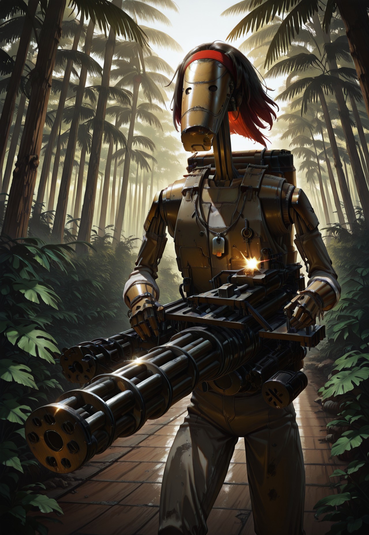Masterpiece, absurdres, highest quality, highly detailed, newest, 8k, semi-realistic, solo, b1bd, cl4nker, droid head, rambo, medium black hair, red hair band, dogtags, vest, firing a minigun, jungle setting, highly detailed background, no humans,