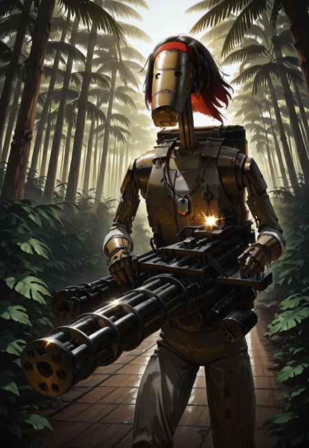 Masterpiece, absurdres, highest quality, highly detailed, newest, 8k, semi-realistic, solo, b1bd, cl4nker, droid head, rambo, medium black hair, red hair band, dogtags, vest, firing a minigun, jungle setting, highly detailed background, no humans,
