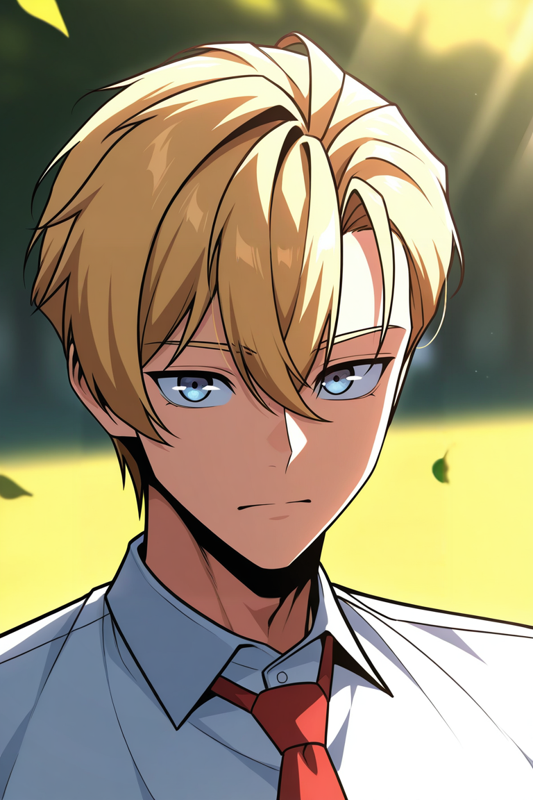 masterpiece, best quality, amazing quality, very aesthetic, high resolution, ultra-detailed, absurdres, newest, scenery, volumetric lighting, depth of field,anime screencap, , , 1boy, solo, male focus,  <lora:ed_rothstaylor:0.90>,ed rothstaylor,light blue eyes,blonde hair,short hair,side swept,simple background, shirt, white background,hair between eyes, closed mouth, school uniform,upper body, white shirt, necktie, collared shirt, leaf, portrait, red necktie, looking at viewer, close-up