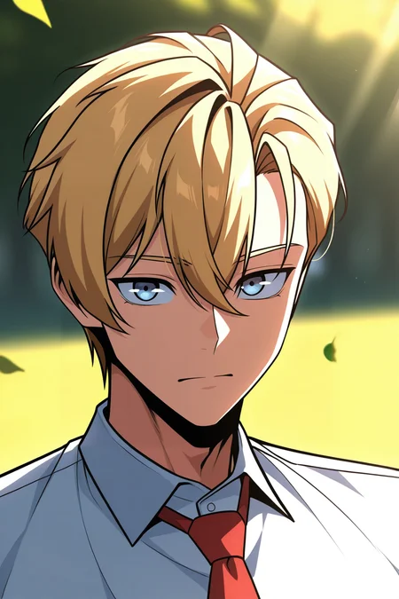 masterpiece, best quality, amazing quality, very aesthetic, high resolution, ultra-detailed, absurdres, newest, scenery, volumetric lighting, depth of field,anime screencap, , , 1boy, solo, male focus,  <lora:ed_rothstaylor:0.90>,ed rothstaylor,light blue eyes,blonde hair,short hair,side swept,simple background, shirt, white background,hair between eyes, closed mouth, school uniform,upper body, white shirt, necktie, collared shirt, leaf, portrait, red necktie, looking at viewer, close-up