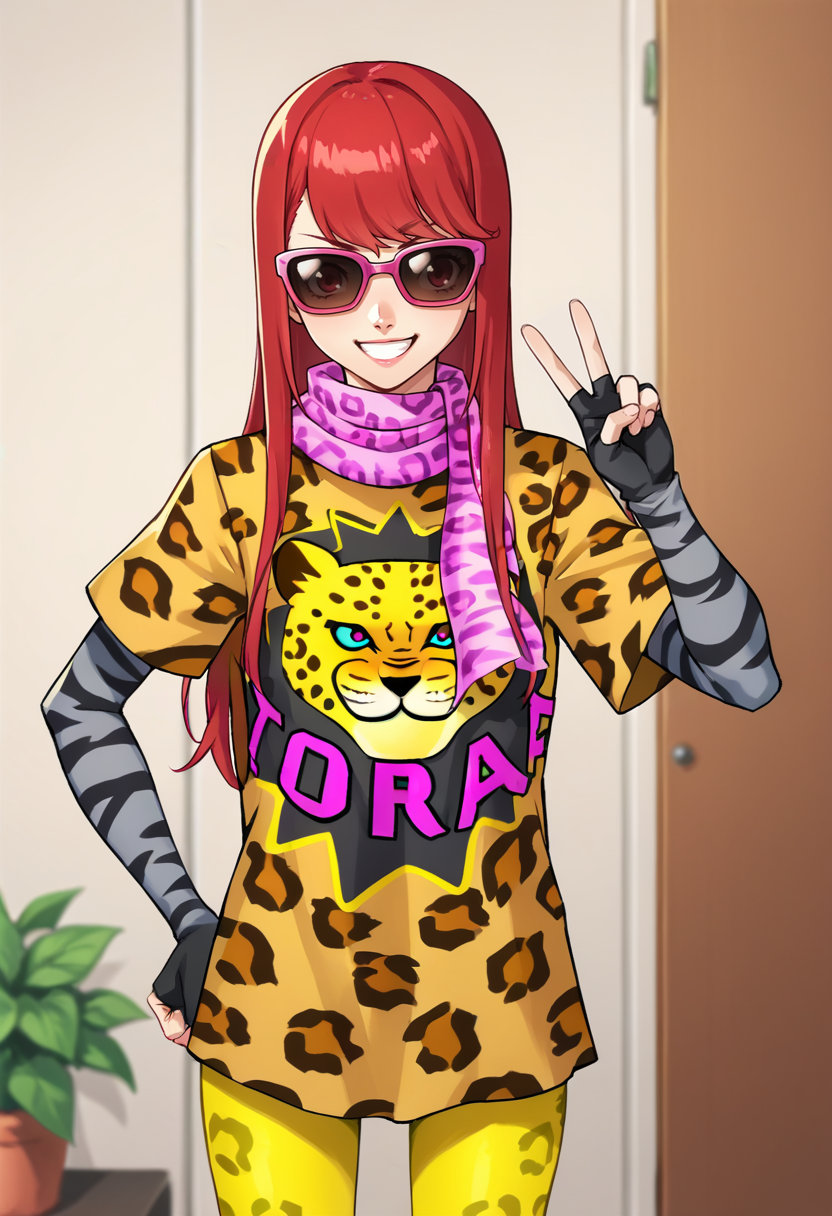 score_9, score_8_up, score_7_up, source_anime, 1girl, cowboy shot, grin, peace sign, hand on hip, <lora:KasumiP5-pdxl:1> wildSumi, long hair, hair down, sunglasses, leopard print, pink print scarf, print shirt, clothes writing, layered sleeves, striped sleeves, fingerless gloves, yellow leggings, indoors, dressing room