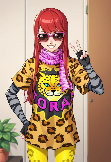 score_9, score_8_up, score_7_up, source_anime, 1girl, cowboy shot, grin, peace sign, hand on hip, <lora:KasumiP5-pdxl:1> wildSumi, long hair, hair down, sunglasses, leopard print, pink print scarf, print shirt, clothes writing, layered sleeves, striped sleeves, fingerless gloves, yellow leggings, indoors, dressing room