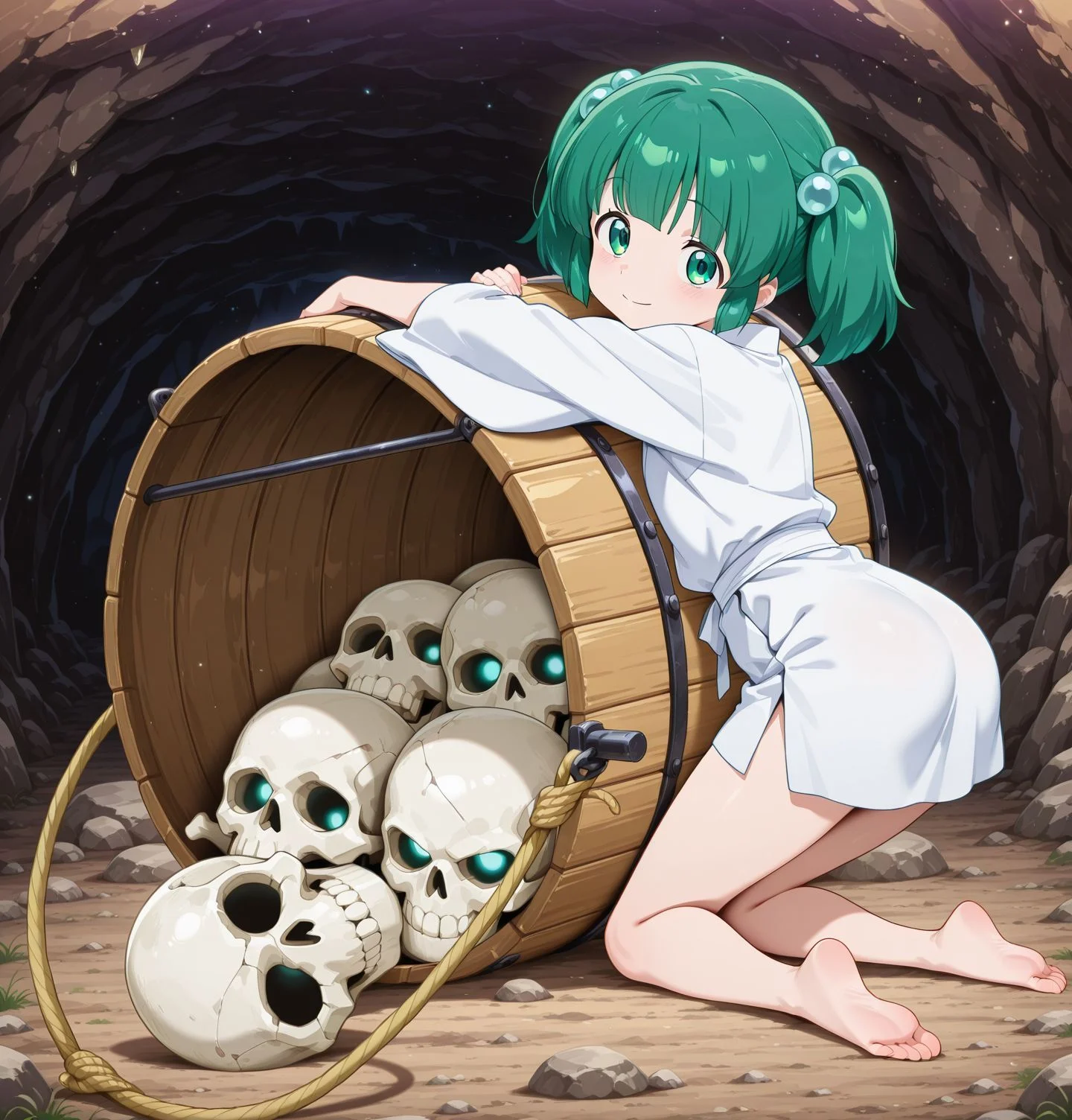 absurdres, highres, masterpiece, best quality, amazing quality, official anime artwork, screencap, anime screencap, cave, rock, indoors, night, looking at viewer, smile,
<lora:Kisume_Illustrious:1> kisume, 1girl, solo, green eyes, green hair, short hair, short twintails,, hair bobbles, white kimono, long sleeves, wooden bucket, skull, bare feet,