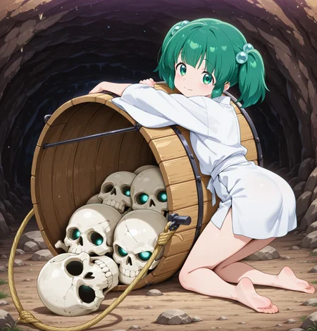 absurdres, highres, masterpiece, best quality, amazing quality, official anime artwork, screencap, anime screencap, cave, rock, indoors, night, looking at viewer, smile,
<lora:Kisume_Illustrious:1> kisume, 1girl, solo, green eyes, green hair, short hair, short twintails,, hair bobbles, white kimono, long sleeves, wooden bucket, skull, bare feet,