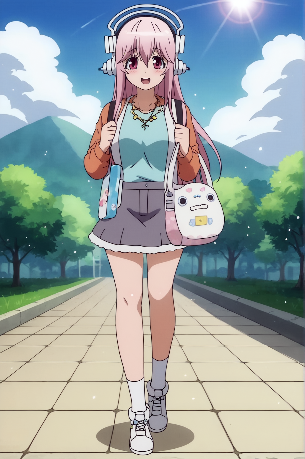 score_9, score_8_up, score_7_up,anime_source, source_anime, best background, detailed background, anime screencap,  Super Sonico, bag, blush, looking at viewer, open mouth, sensitive, skirt, solo outdoors, sun, soft particles, full body, soft smile, <lora:JN_Super_Sonico:0.8>