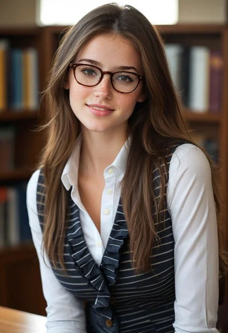 18yo girl, detailed face, freckles, brown hair, shy smile, (long sleeve shirt, skirt, ruffle, striped, vest), (glasses), detailxl