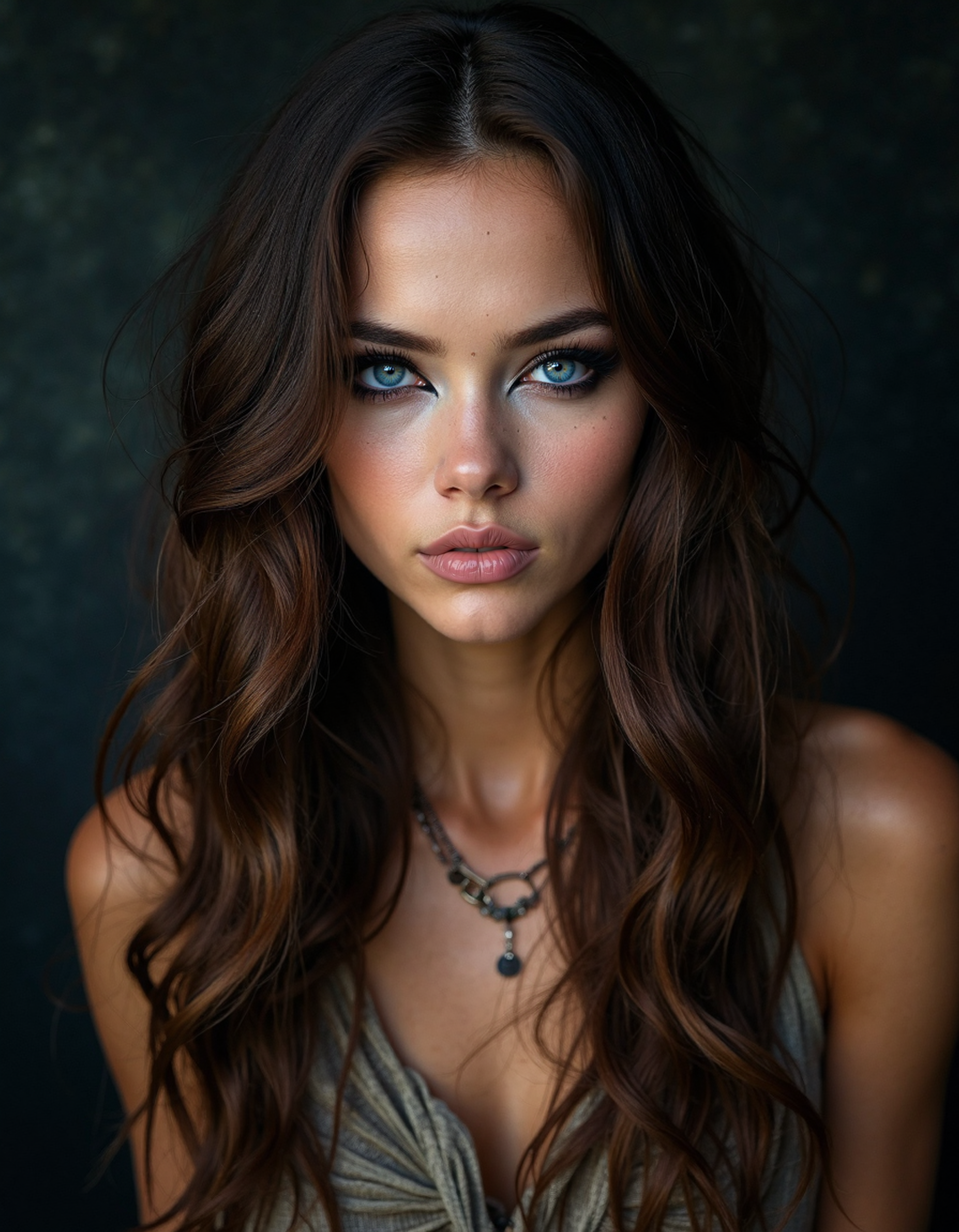 tribal style (dark mood masterpiece Photography:1.2), portrait of a mysterious woman with blue eyes and bold eyeliner looking seductively, smirking, naughty expression, long wavy brown hair. The extreme realism focuses on her detailed skin, showing fine textures and natural highlights. photography masterpiece, modern, irresistible beauty, fuzzy lighting, dark mood, unusual composition, use of negative space, (rule of thirds composition), simmetry , mysteriouse, emotional, flirting, (fine erotic content:0.65), groundbreaking unrivaled opus with unrivaled details, (Agreeable Gray color scheme), highly detailed, melancholic, low-light hyper detailed photography, catchlights, from below, over the shoulder shot,full body shot,style by chris leib,canon 5d mark 4,Vignette Photography,fill lighting . indigenous, ethnic, traditional patterns, bold, natural colors, highly detailed