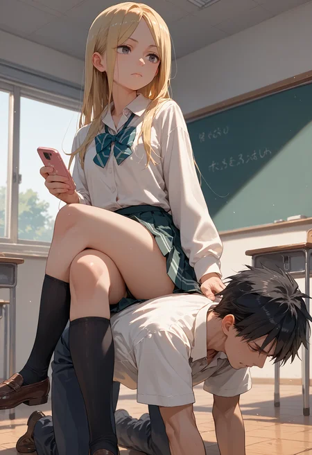 score_9, score_8_up, score_7_up, score_6_up, source_anime,
1girl, long hair, blonde hair, school uniform,
1boy, black hair, sitting on person, gakuran,
all fours, crossed legs, classroom, holding phone,
<lora:sitting_on_person_v0.1-pony:1>