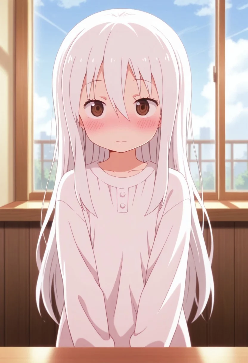 masterpiece,best quality,amazing quality, hikari kongo, long hair, white hair, brown eyes, 1girl, solo, blush, window, hair between eyes, sky, indoors