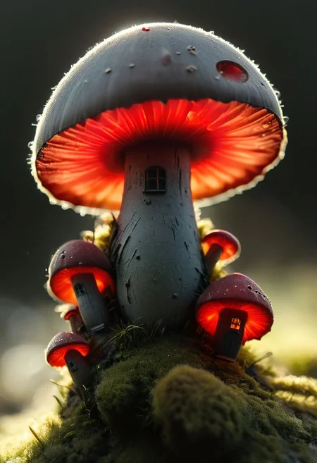 a closeup macro photo of a slightly red/white translucent small fly agaric mushroom with little Houses on its surface, Super Closeup, a Huge floating Natural mushroom habitus, Spiritual Ethereal installation,
deep Blacks, very detailed, atmospheric haze, Film grain, cinematic film still, shallow depth of field, highly detailed, high budget, cinemascope, moody, epic, OverallDetail, 2000s vintage RAW photo, photorealistic, candid camera, color graded cinematic, eye catchlights, atmospheric lighting, imperfections, natural, shallow dof