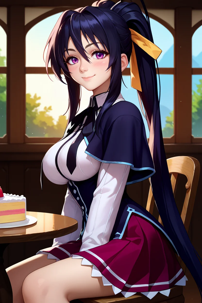 score_9, score_8_up, score_7_up, score_6_up, source_anime, 1girl, solo, <lora:akenohimejima-pdxl-nvwls-v1-000005:1> dxdAH, black hair, ponytail, very long hair, purple eyes, hair ribbon, neck ribbon, black capelet, white shirt, long sleeves, black uniform, red skirt, pleated skirt, sitting, table, chair, slice of cake, looking at you, raised eyebrow, from side, smile, blush, window, lounge, indoors, large breasts, closed mouth