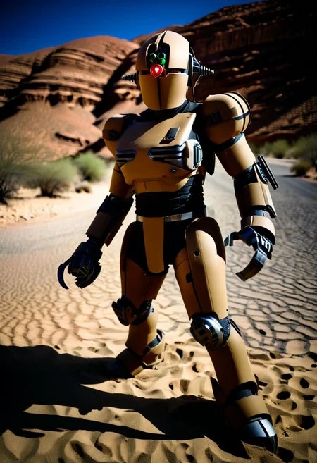 easynegative, extremely detailed, dark, chiaroscuro, low-key, AssaultronCosplay, zavy-strps, a tan assaultron robot, ((the assaultron has brown stripes painted on its armor)), ((tiger stripe pattern)), in the deserts of Arizona