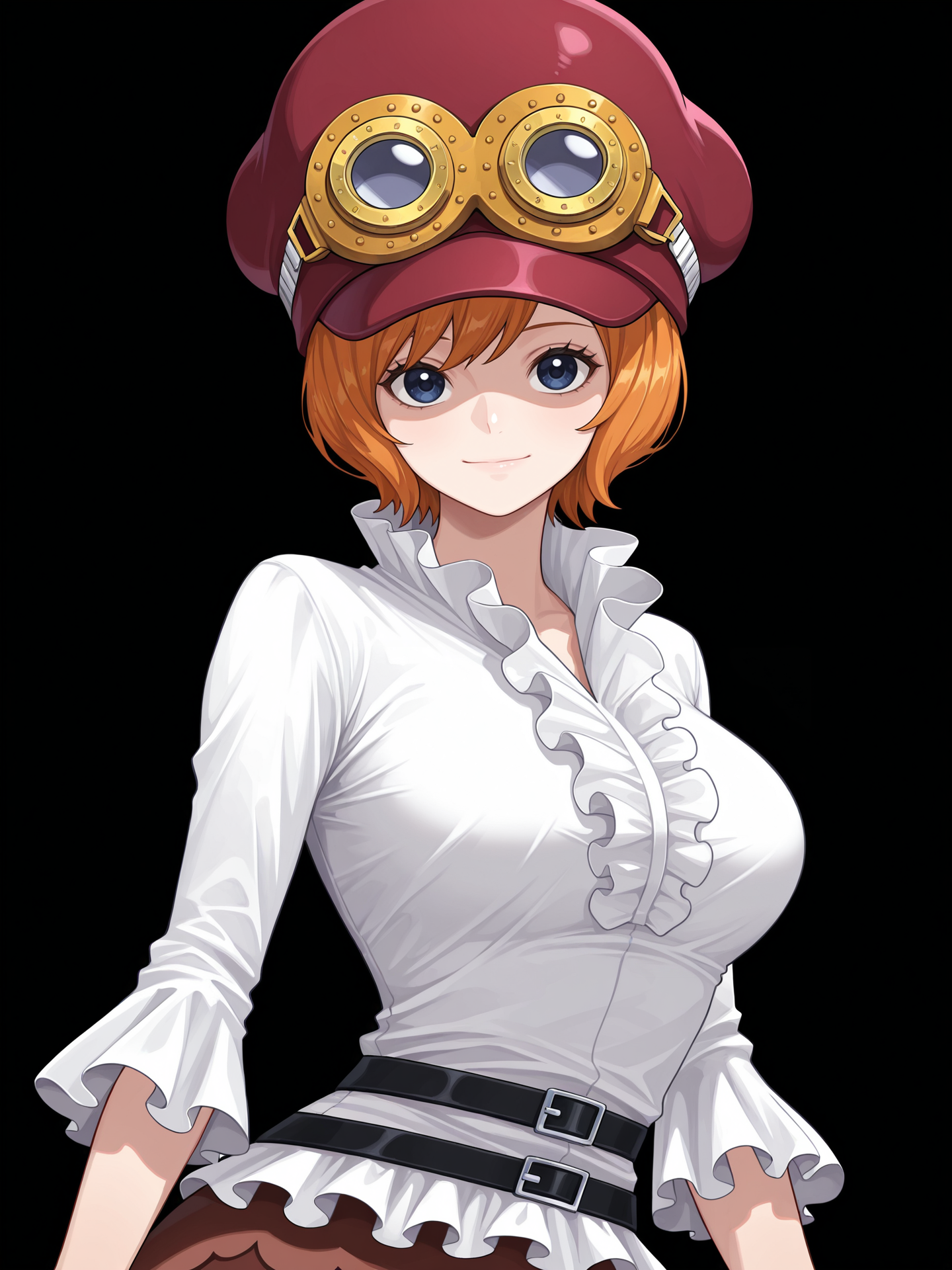ko4la, short hair, blue eyes, orange hair,
def4ult, peaked red cap, goggles on headwear, white shirt, black belt,  brown miniskirt, frills,
upper body, looking at viewer,  <lora:Koala Illu:1> light smile,, masterpiece, best quality, amazing quality,, (simple background, black background:1.5),