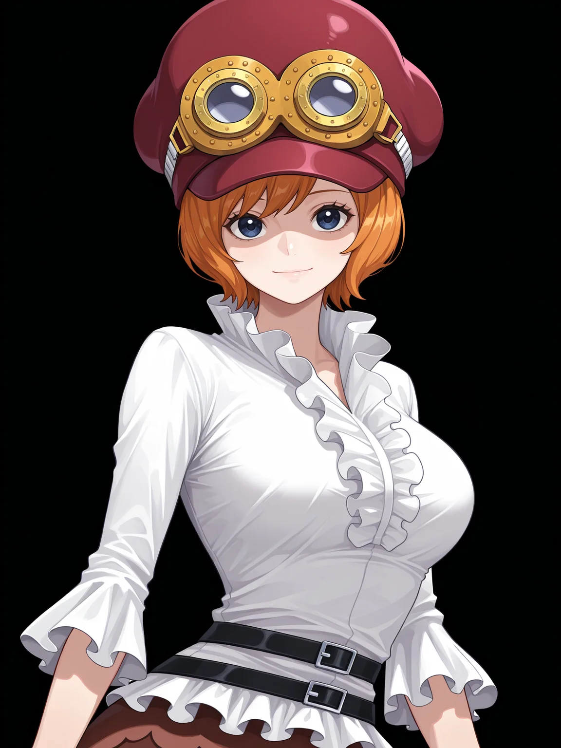 ko4la, short hair, blue eyes, orange hair,
def4ult, peaked red cap, goggles on headwear, white shirt, black belt, brown miniskirt, frills,
upper body, looking at viewer, <lora:Koala Illu:1> light smile,, masterpiece, best quality, amazing quality,, (simple background, black background:1.5),