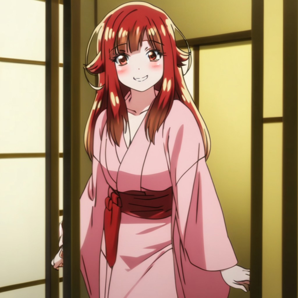 aoi yuzuki , pink kimono , full body , standing , leaning forward , cute face , smile