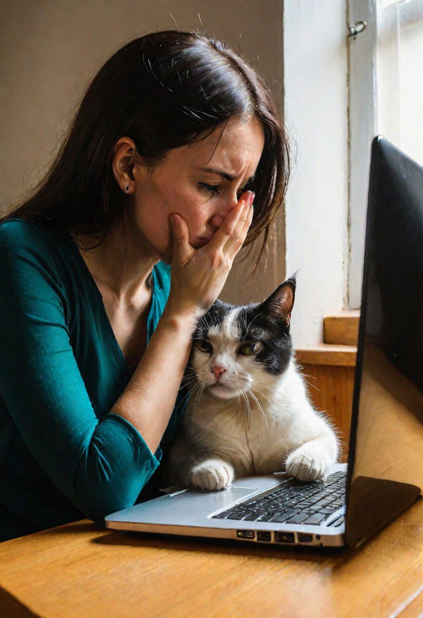 Photo. Profile of a woman and her cat, facepalm, looking at her laptop.  Her cat is looking too.