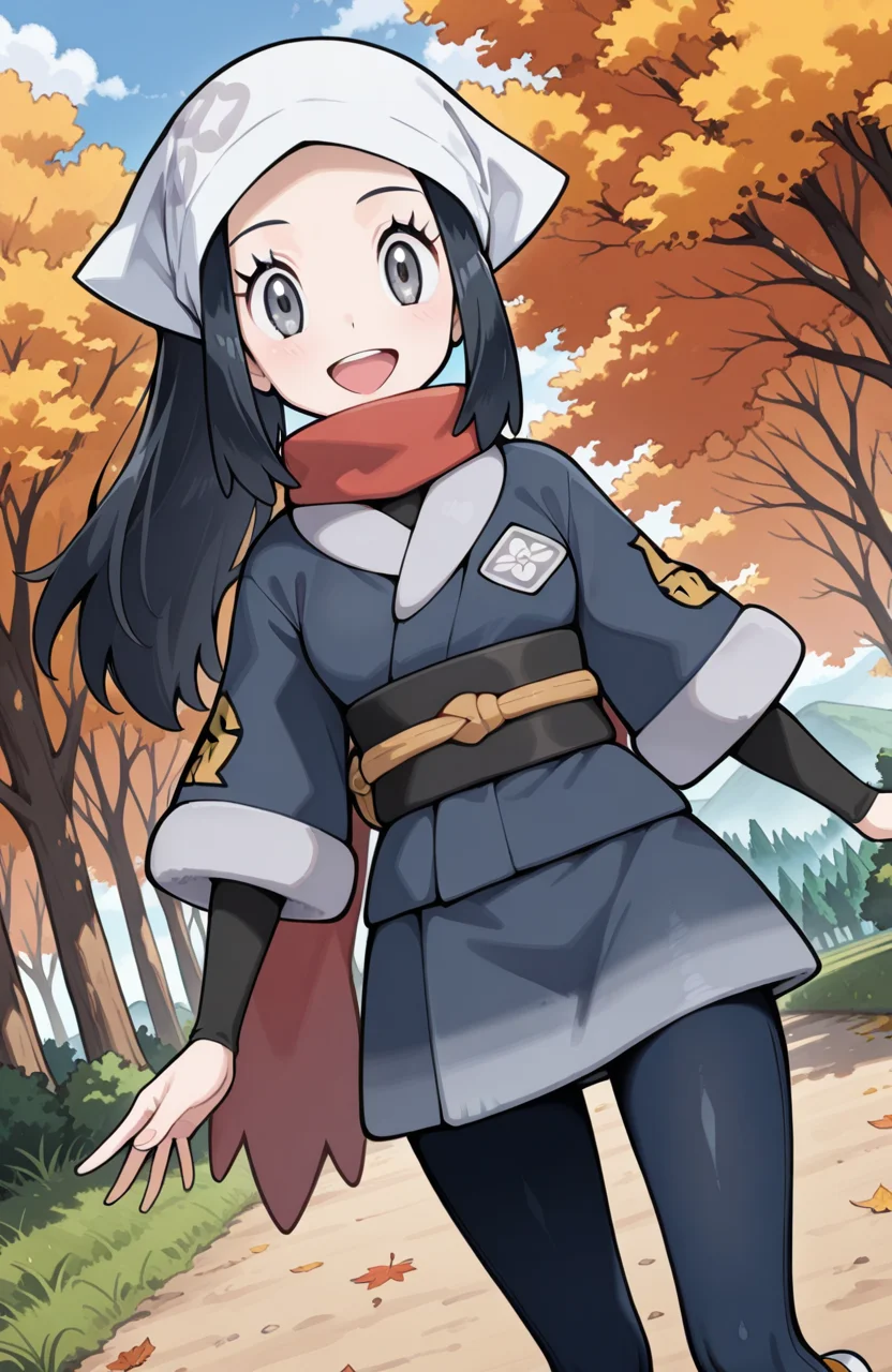 masterpiece, best quality, newest, (sugimori ken \(style\):0.5), pokemon screencap, 1girl, <lora:Akari_-_Pokemon_Illustrious:1>, akari, grey eyes, eyelashes, black hair, long hair, head scarf, galaxy expedition team survey corps uniform, scarf, white headwear, pantyhose, sidelocks, jacket, red scarf, sash, skirt, perfect eyes, breast, shiny skin, smile, open mouth, looking at viewer, grass plain, autumn, trees, forest, scenery, erotic, dynamic angle, perfect anatomy