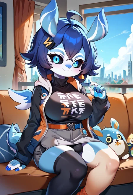 score_9, score_8_up, source_anime, source_furry, full body, 1futa, solo, mature female, curvy, (large breasts:1.5), (large bulge:1.2), (long hair:1.5), (bright blue eyes:1.5), (black sclera:1.5), glowing eyes, (blue nails:1.5), belle, blue hair, hair ornament, belt, black shirt, black thighhighs, clothes writing, earrings, fingerless gloves, gloves, grey shorts, jewelry, long sleeves, orange belt, orange flower, orange socks, shirt, single fingerless glove, single thighhigh, jacket, hoodie, turtleneck, melusine, straight ears, stubby tail, wings, blue skin, crossed bangs, flipped hair, chibi, smile, sitting on couch, sexy pose, seductive look, room, window, curtains, cityscape, blue sky