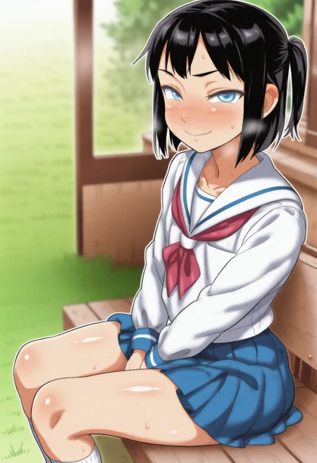 masterpiece, best quality, amazing quality, <lora:akushizuIL:1> 1boy, crossdressing, otoko no ko, black hair, short hair, blue eyes, school uniform, white serafuku, pleated skirt, sitting, looking at viewer, smile, blush,