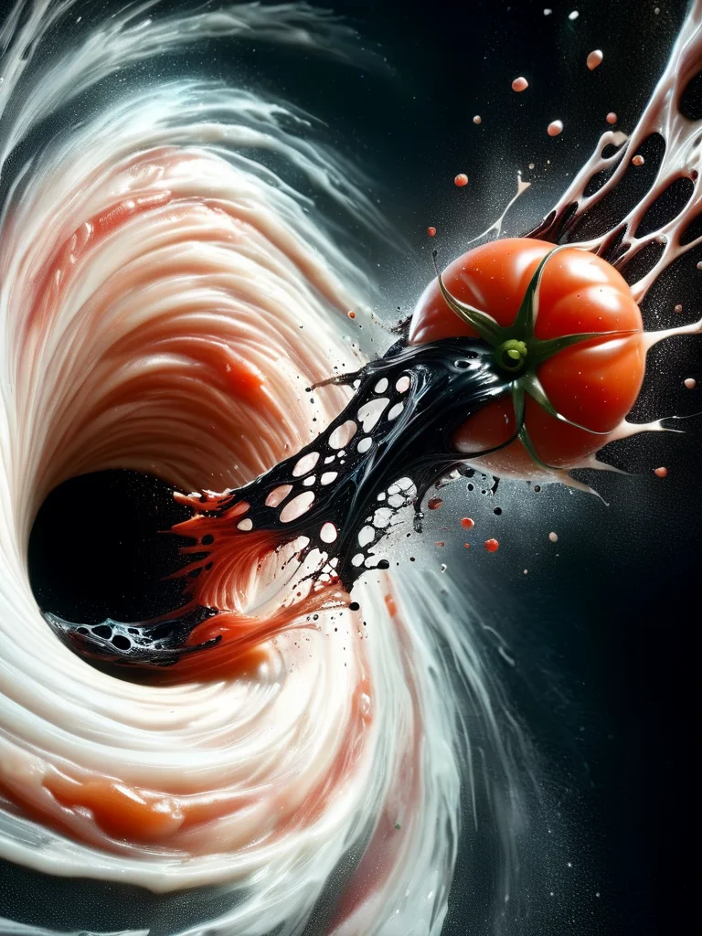 a delicious tomato dissolving and getting torn appart while getting sucked into ral-blackhole <lora:ral-blackhole:1>