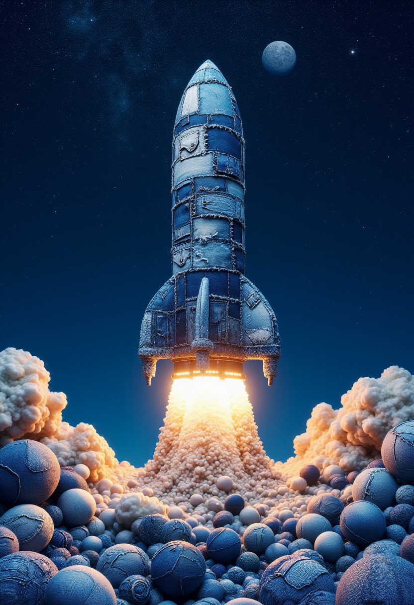 <lora:Denim_Dreamer_FLUX-000021:0.9>  
The image is a CGI rendering of a rocket ship designed to resemble a patchwork quilt made from denim fabric, complete with a whimsical, surreal space aesthetic.