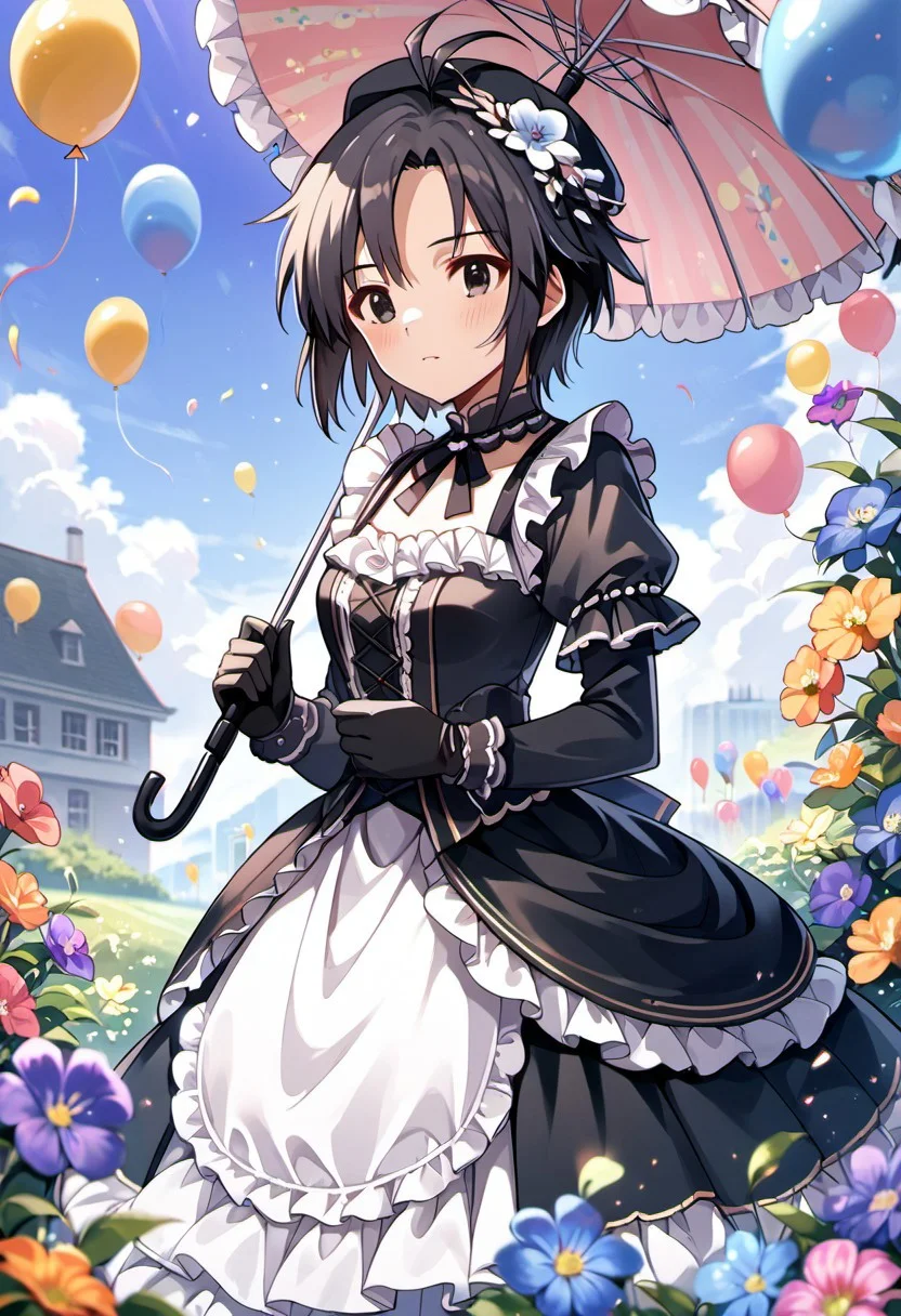score_9, score_8_up, score_7_up, source_anime, kikuchi makoto, short hair, black hair, antenna hair, black eyes, gloves, hat, solo focus, balloon, dress, blush, frills, 1girl, flower, black gloves, umbrella, frilled dress