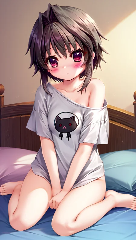 zPDXL2, rating_safe, source_anime, 4k quality, detailed background, detailed eyes, bedroom, sitting on bed, blush, parted lips, round mouth, shy, cowboy shot, <lora:yuuki-noa-xl-08:1>, yuuki noa, white t-shirt, off-shoulder, no pants, small breasts,
