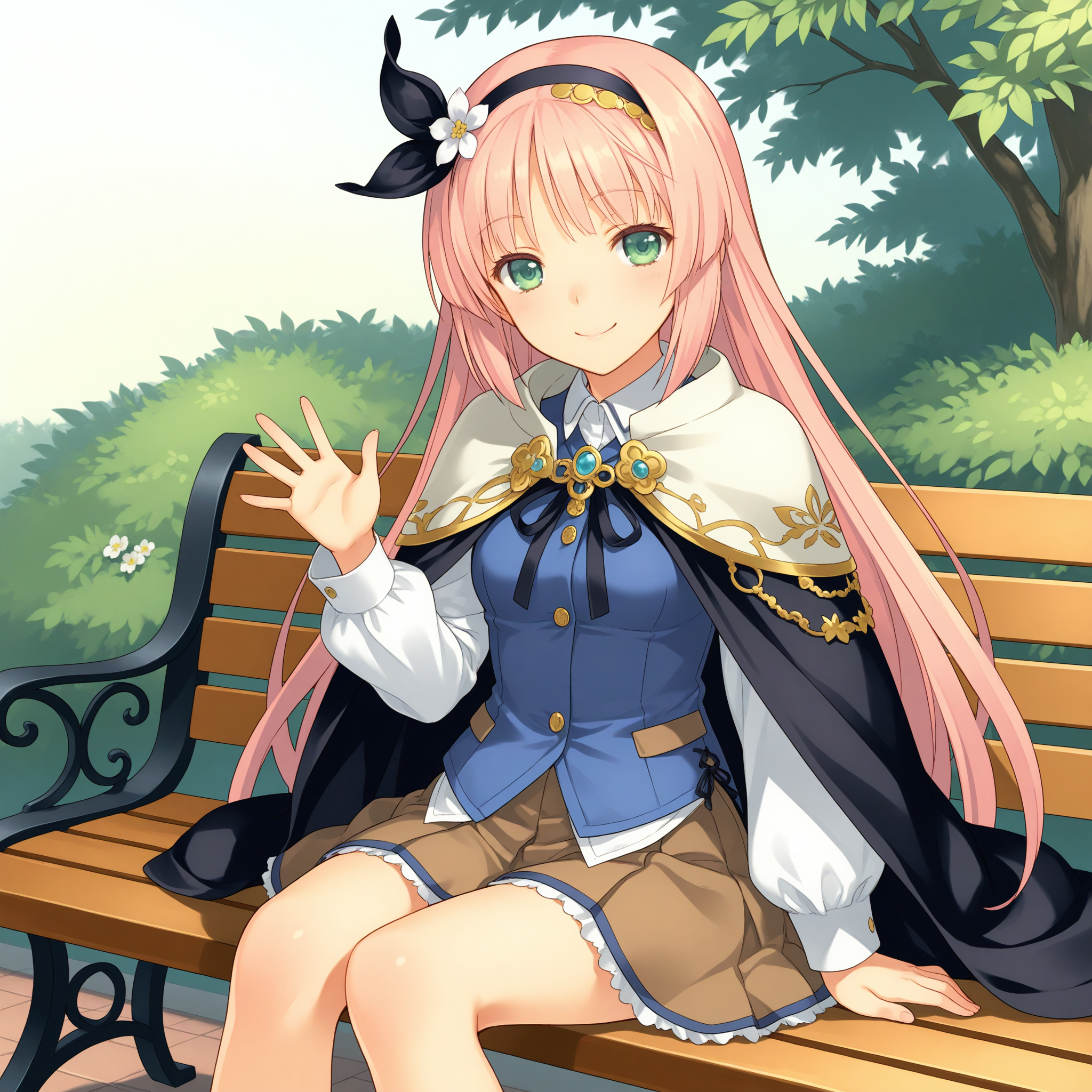 <lora:Quelplan_1_nai_1-000079:1>,Quelplan,
skirt,hairband,cape,hair ornament,hair flower,
1girl,solo,smile,sitting,on bench,waving,front view,looking at viewer,