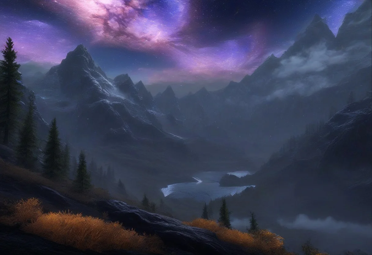Beautiful outdoor, nature, no humans, mountains, dark twilight, milkyway galaxy, nebula, astrophotography, forest, masterpiece, sharp focus, photorealistic rendering, extremely detailed description, <lora:zavy-mthcl-sdxl:0.5> <lora:Detailed_notrigger:1> <lora:Wildcard-Detail_Enhancer:1>, zavy-mthcl, skyrimlandscapes,