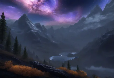 Beautiful outdoor, nature, no humans, mountains, dark twilight, milkyway galaxy, nebula, astrophotography, forest, masterpiece, sharp focus, photorealistic rendering, extremely detailed description, <lora:zavy-mthcl-sdxl:0.5> <lora:Detailed_notrigger:1> <lora:Wildcard-Detail_Enhancer:1>, zavy-mthcl, skyrimlandscapes,