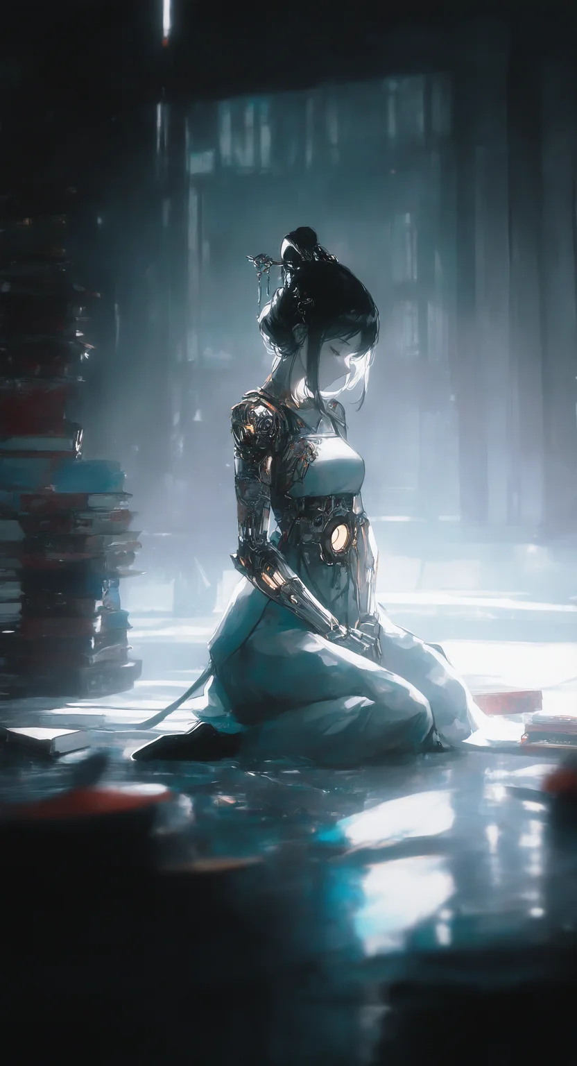 masterpiece, best quality, good quality, very awa, very aesthetic, absurdres, newest, (96yottea:1.2), 1girl, solo, black hair, hair ornament, delicate hanfu,dress, closed mouth, jewelry, sitting, medium breasts, full body, closed eyes, indoors, hair bun, (books:1.2), window, glowing, looking down, wariza, single hair bun, robot, science fiction, backlighting, on floor, joints, mechanical arms, cyborg, robot joints, damaged, mechanical parts, cyberpunk, reflective floor, detailed background, <lora:ponyv6_noobV1_2_adamW-000017:0.7> <lora:USNR_STYLE_XL_lokr:0.45> <lora:WSSKX_WAI:0.6>