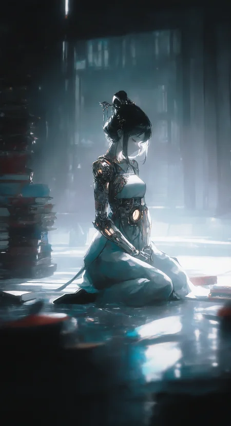 masterpiece, best quality, good quality, very awa, very aesthetic, absurdres, newest, (96yottea:1.2), 1girl, solo, black hair, hair ornament, delicate hanfu,dress, closed mouth, jewelry, sitting, medium breasts, full body, closed eyes, indoors, hair bun, (books:1.2), window, glowing, looking down, wariza, single hair bun, robot, science fiction, backlighting, on floor, joints, mechanical arms, cyborg, robot joints, damaged, mechanical parts, cyberpunk, reflective floor, detailed background, <lora:ponyv6_noobV1_2_adamW-000017:0.7> <lora:USNR_STYLE_XL_lokr:0.45> <lora:WSSKX_WAI:0.6>