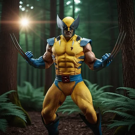 WolverineV2-1024, a man dressed as wolverine, claws, in canadian forest , cyberpunk background, highly detailed, photography, ultra sharp, film, bokeh, professional, 64k <lora:WolverineV2-1024:0.8>