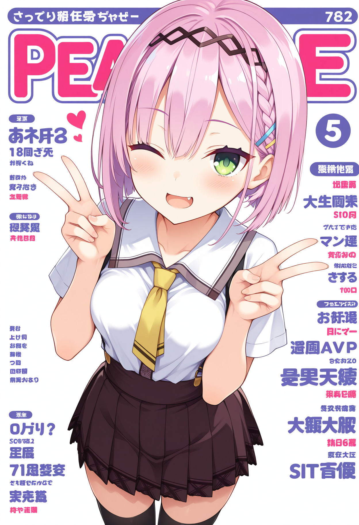 1girl, aaamane, pink hair, short hair, braid, hairband, hair ornament, hairclip, green eyes, fang, breasts, school uniform, yellow necktie, white shirt, short sleeves, suspender skirt, brown skirt, black thighhighs, <lora:tanikaze_amane_ilxl_v1:0.9>, peace sign, one eye closed, smile, open mouth, magazine cover,
masterpiece, best quality, amazing quality,