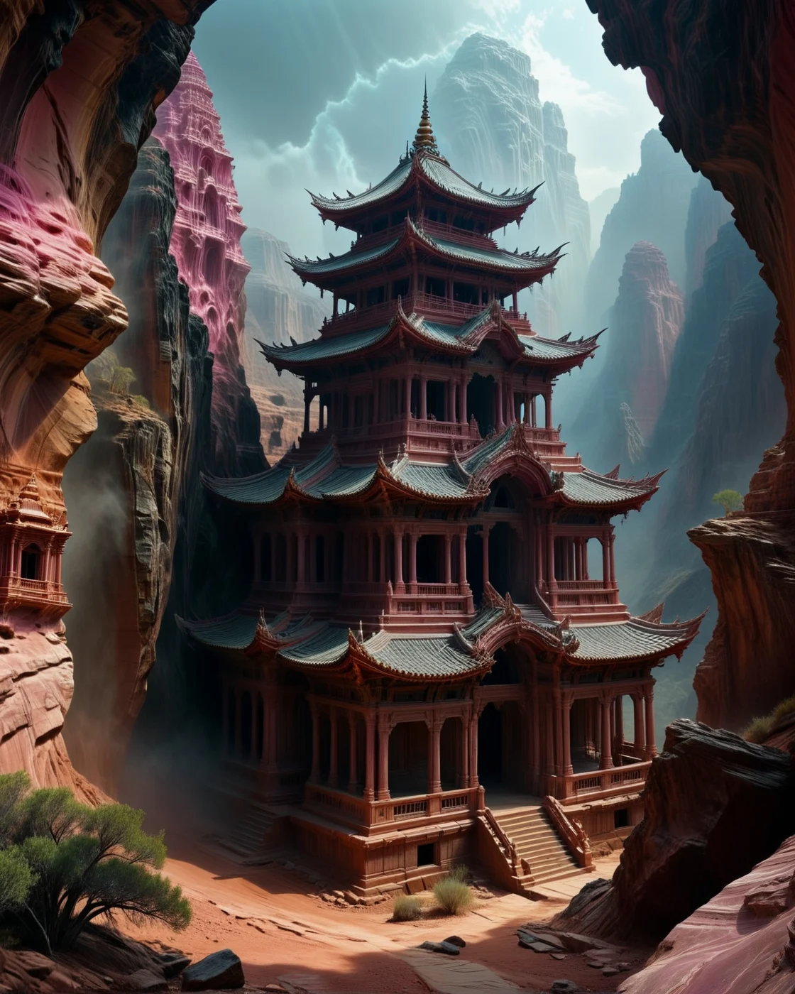 dark fantasy Pink sandstone canyon wind-carved pagodas,Midday: Altostratus veil softening solar glare into platinum diffusion,
random rider in landcscape,
<lora:ral-dark-fantasy-il:0.8>,apocalyptic,
<lora:extremely_detailed:4> extremely detailed,
<lora:add-detail-xl:1.1>,
detailxl
